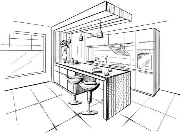 Interior sketch of modern kitchen with island